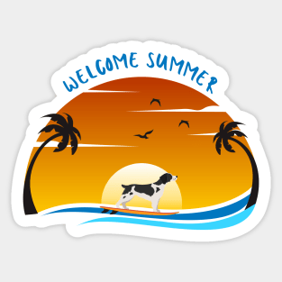 Welcome Summer with Britanny Spaniel Dog on Surf and Summer Landscape with Palm, Sunset Sky and Sea Sticker